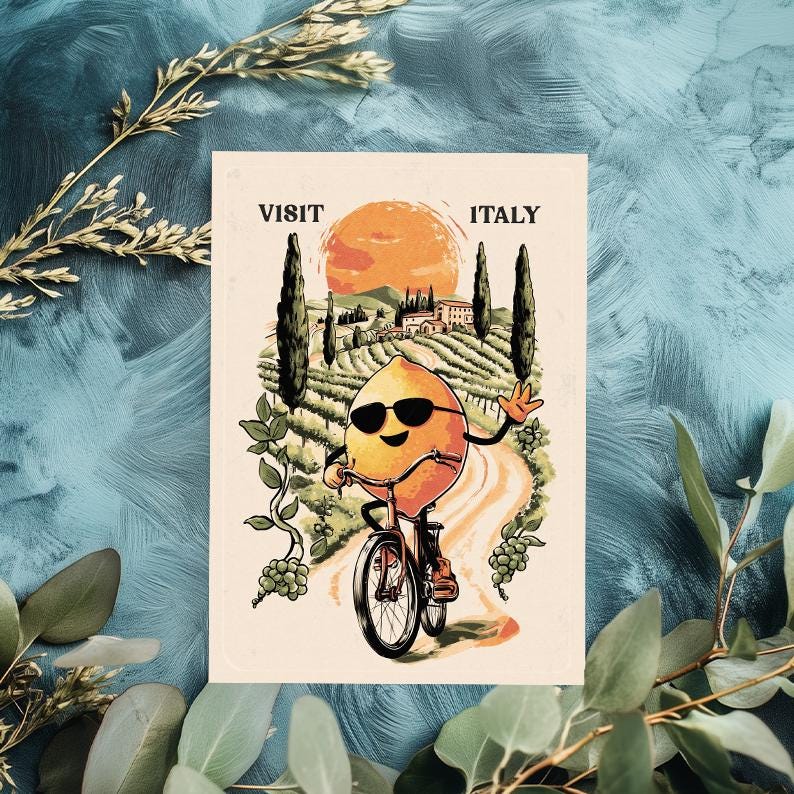 Funny Lemon Birthday Card: Italy Travel Theme, Bicycle Pun
