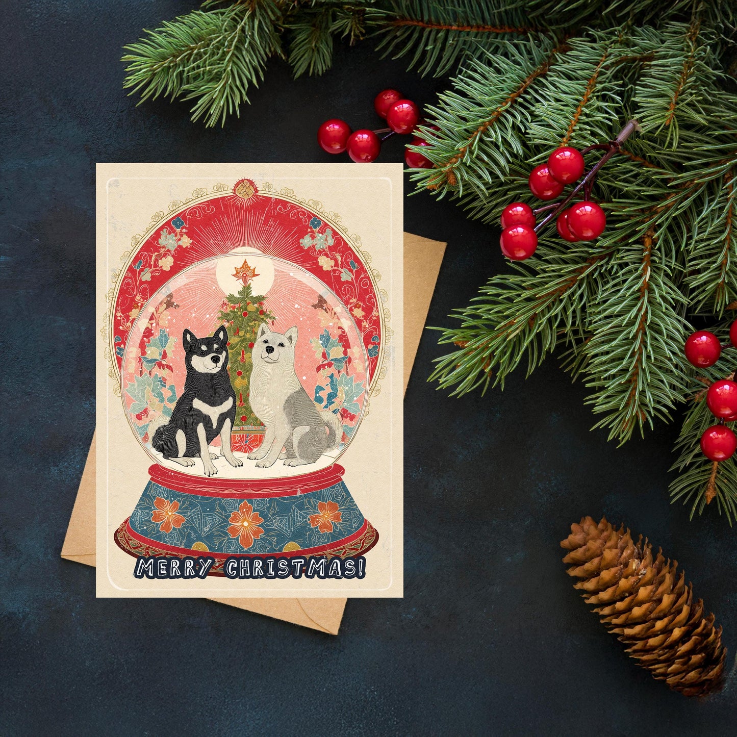 Dog Snow Globe Christmas Card | Japanese Art Holiday Greeting
