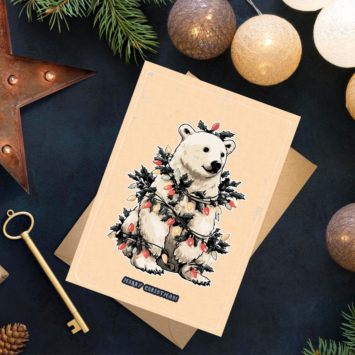 Polar Bear Christmas Card | Cute Winter Holiday Greeting | Funny Xmas Card | Japanese Art Style Holiday Greeting |