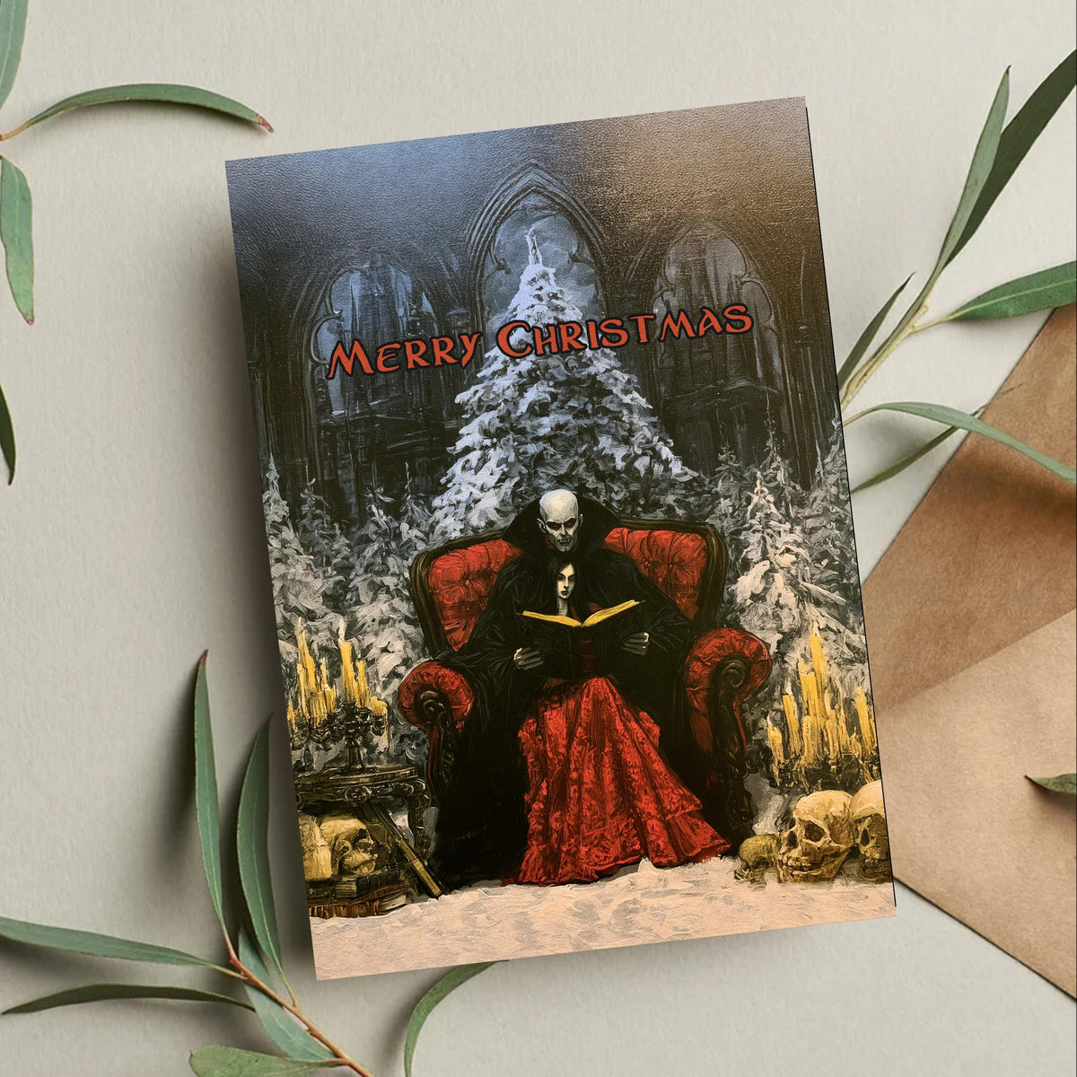 Gothic Vampire Christmas Card, Dark Romantic Holiday Card, Victorian Christmas, Vampire Couple Art, Gothic Christmas Decor