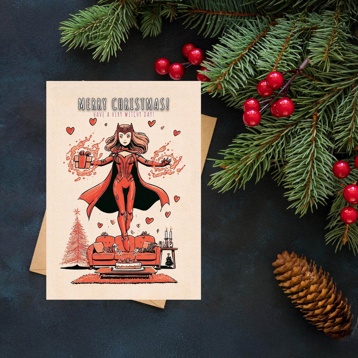 Scarlet Witch Christmas Card | Marvel Holiday Card | Wanda Maximoff Xmas Greeting | Funny Superhero Holiday Card