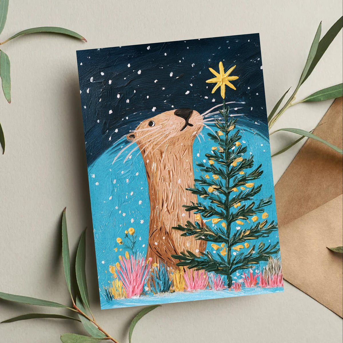 Otter Christmas Card, Cute Otter Christmas Greeting, Woodland Christmas Card, Christmas Animal Card, Winter Otter Gift, Nature Lover Gift