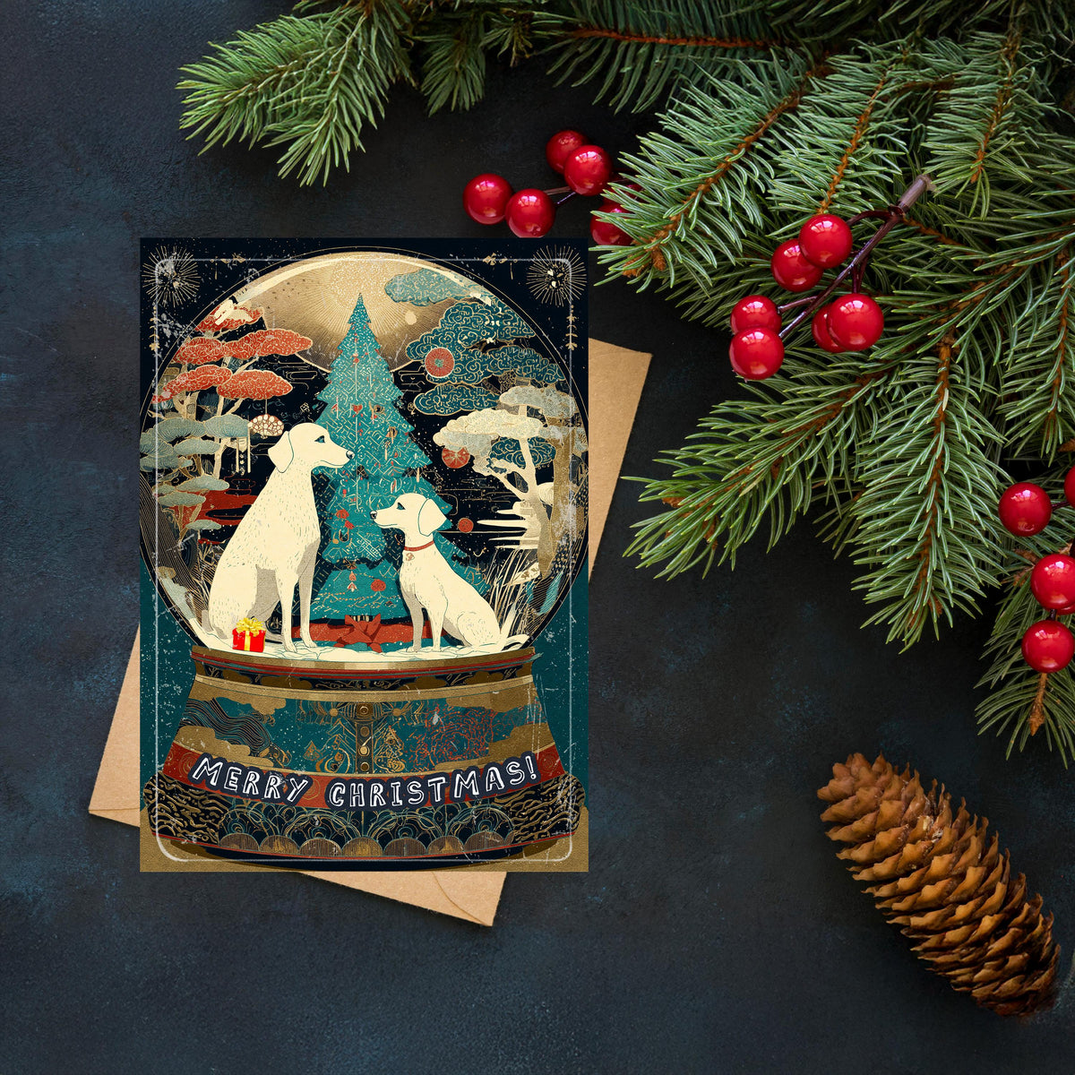 Dog Snow Globe Christmas Card | Japanese Art Holiday Greeting