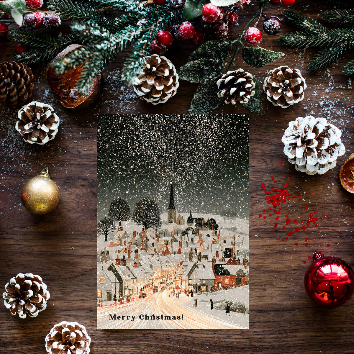 Vintage Winter Village Christmas Card, Snowy Christmas Town Greeting Card, Traditional Holiday Card, Cozy Winter Scene, Christmas Card