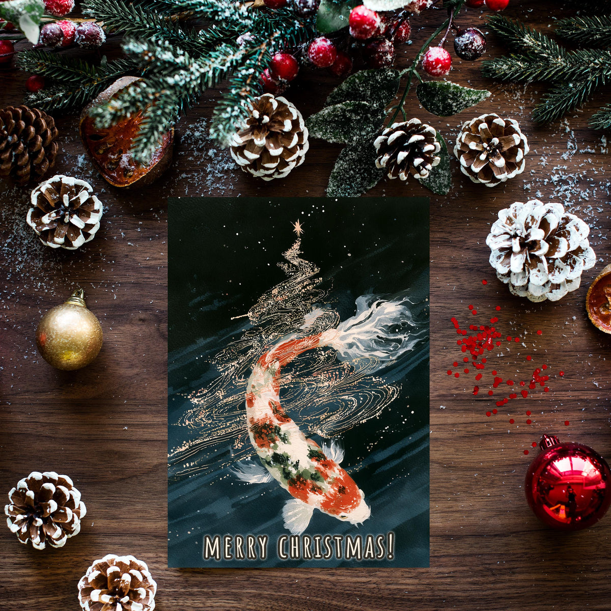 Koi Fish Christmas Card, Japanese Christmas Card, Koi Pond Holiday Card, Japanese Art Xmas Card, Goldfish Christmas Gift, Zen Card