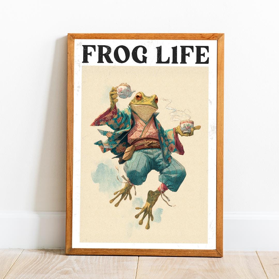 Japanese Frog Print: Zen Tea Ceremony, Whimsical Wall Art