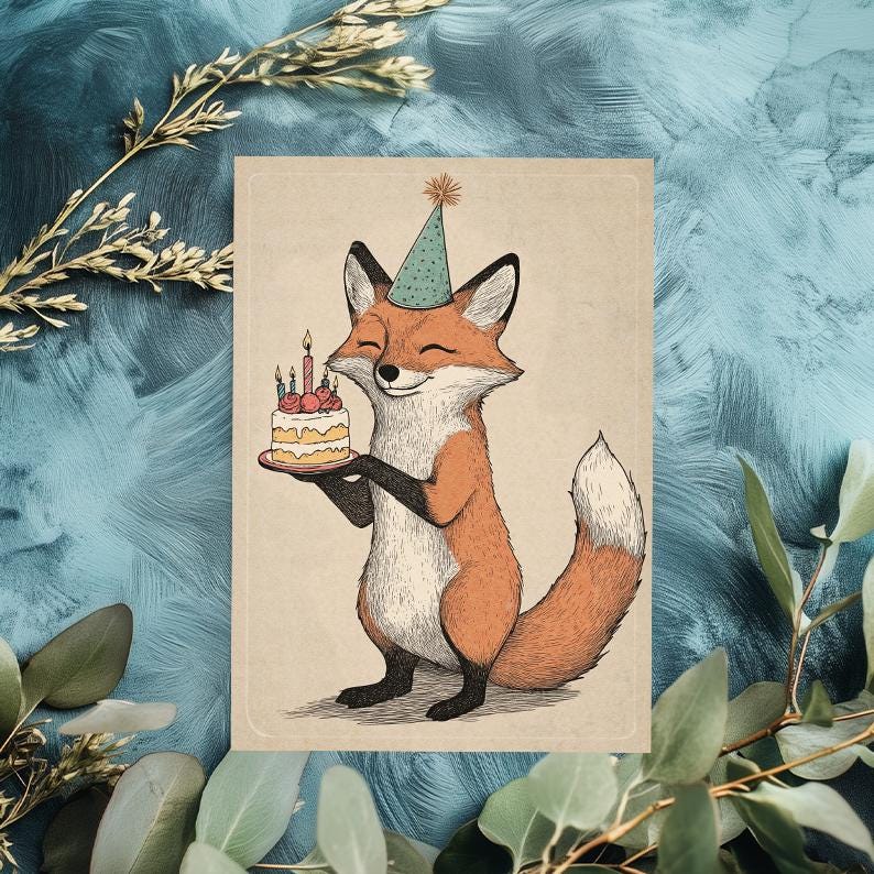 Fox Birthday Card – Cute Woodland Animal Greeting Card – Fox with Cake – Funny Birthday Card for Nature & Animal Lovers – Party Hat Card