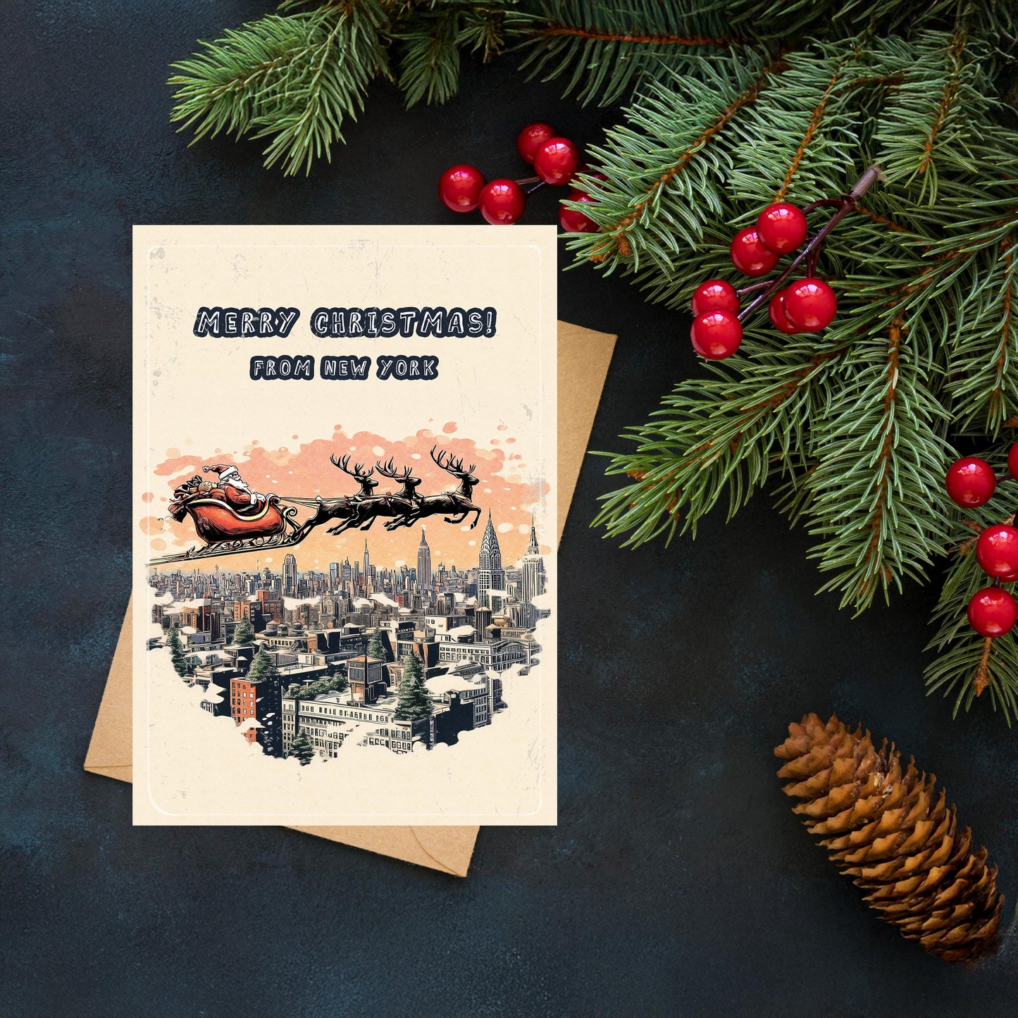Santa Over New York Christmas Card • Holiday Greeting