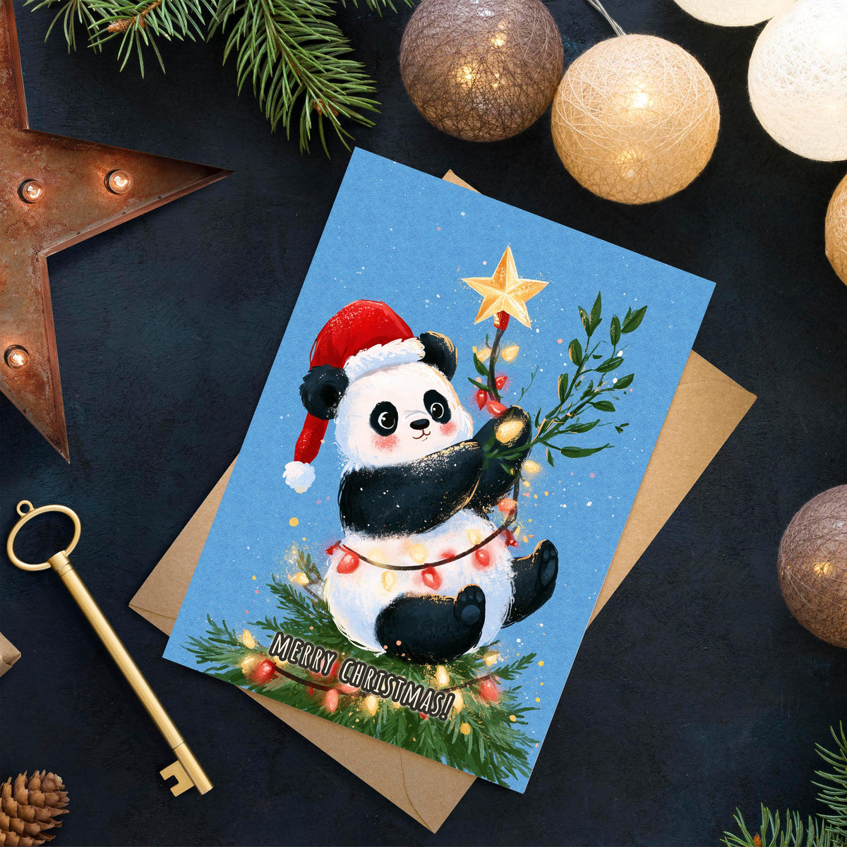 Panda Christmas Card, Cute Panda Xmas Card, Kawaii Christmas Card, Panda Holiday Greeting, Cute Animal Christmas Gift