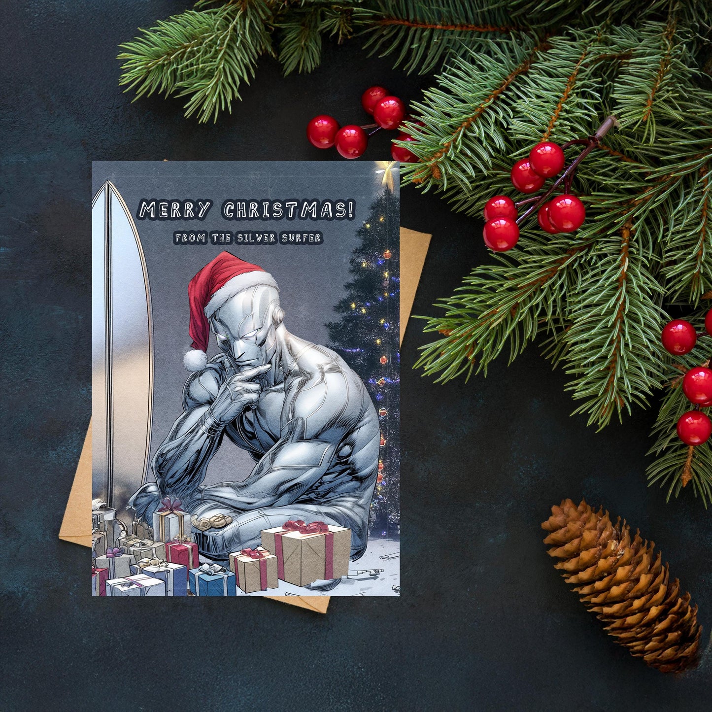 Silver Surfer Christmas Card | Marvel Holiday Greeting | Superhero Xmas Card | Spiderman Christmas Card, Greeting Card, Avengers Card