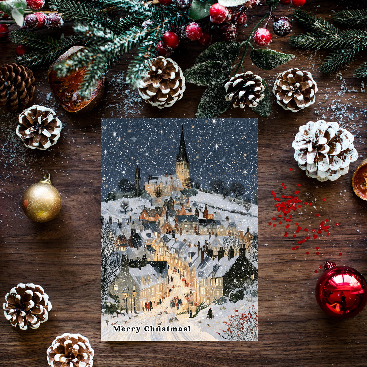 Vintage Winter Village Christmas Card, Snowy Christmas Town Greeting Card, Traditional Holiday Card, Cozy Winter Scene, Christmas Card