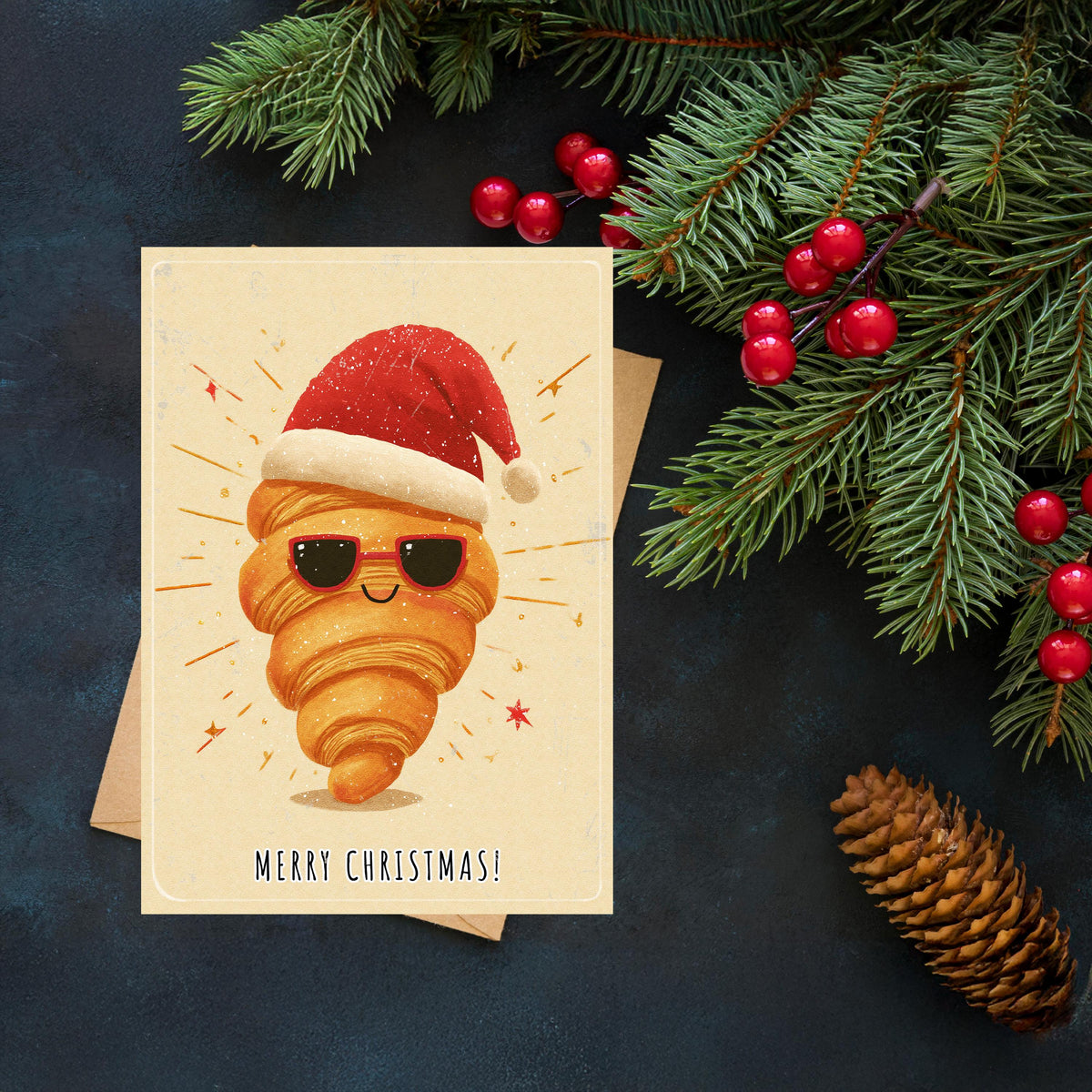 Funny Croissant Christmas Card | Cute Foodie Holiday Greeting