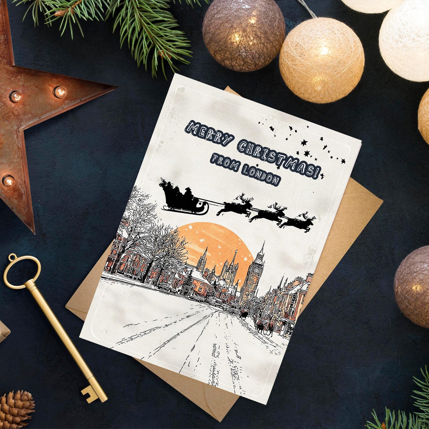 Santa Over London Christmas Card • UK Holiday Greeting