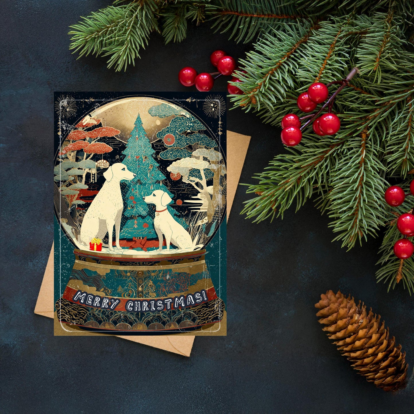 Dog Snow Globe Christmas Card | Japanese Art Holiday Greeting