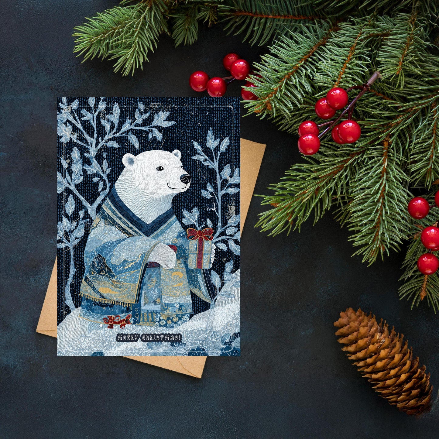 Polar Bear Christmas Card | Cute Winter Holiday Greeting | Funny Xmas Card | Japanese Art Style Holiday Greeting |