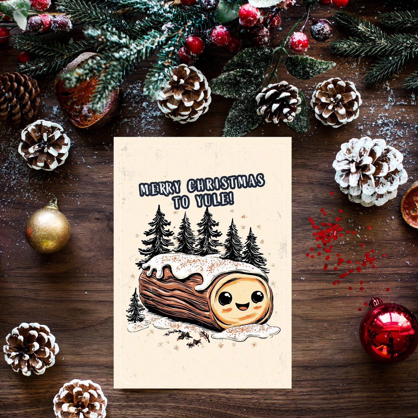 Funny Yule Log Christmas Card, Kawaii Pun Greeting