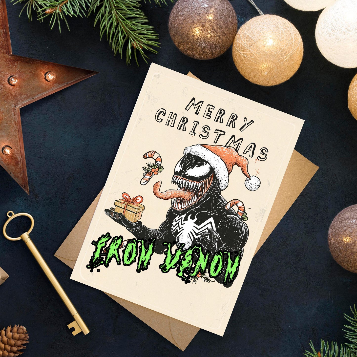 Funny Venom Christmas Card – Marvel Inspired Holiday Greeting – Geeky Superhero Xmas Card for Him or Her - spiderman card