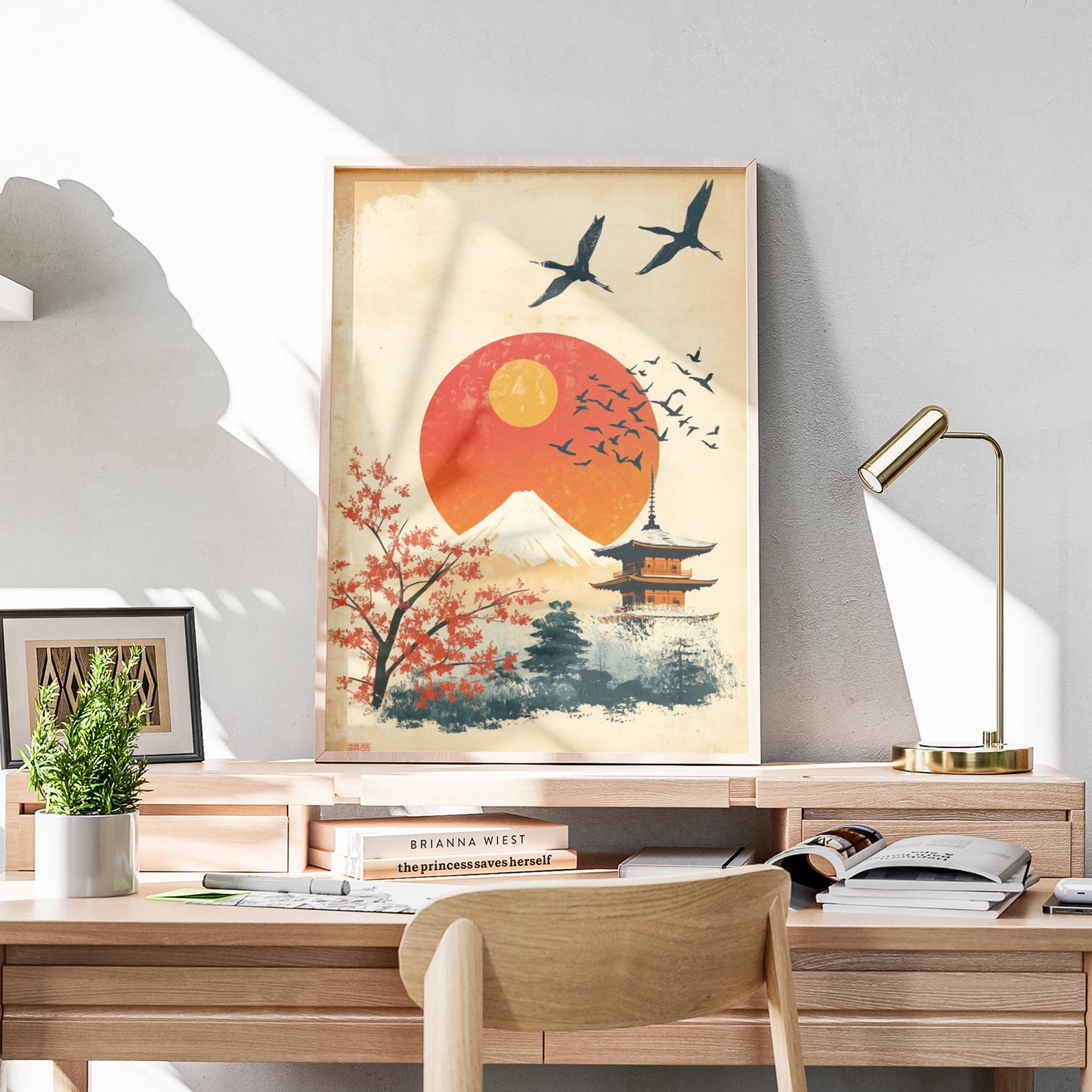 Japan Travel Poster, Mount Fuji Pagoda Wall Art, Vintage Japanese Sun Print