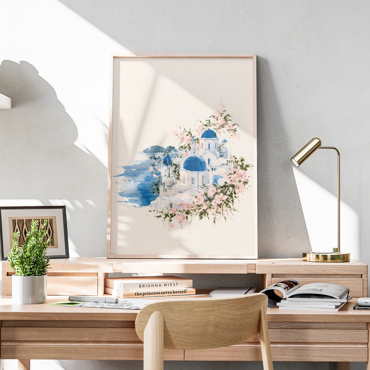 Santorini Watercolour Print, Greek Island Blue Dome Church Floral Wall Art Poster