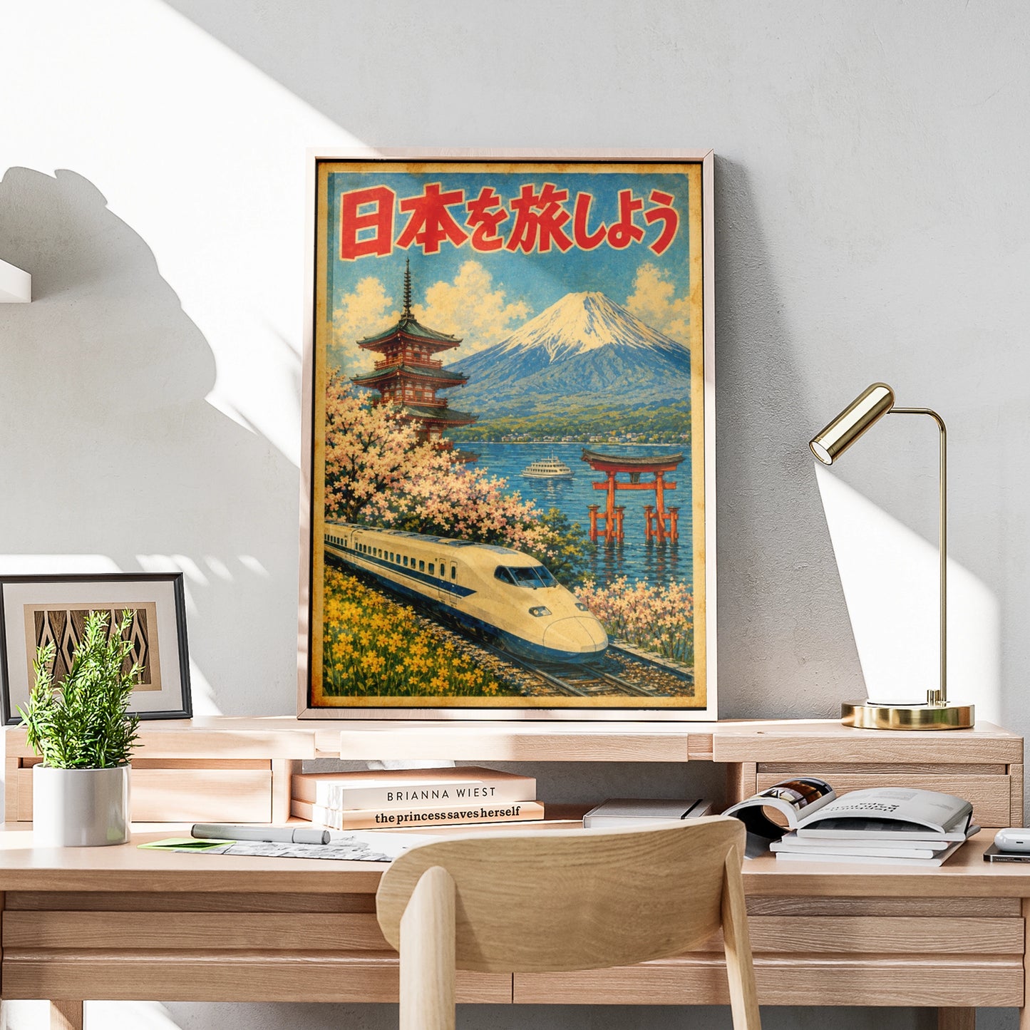 Japan Travel Poster, Vintage Shinkansen Mount Fuji Cherry Blossom Wall Art Print