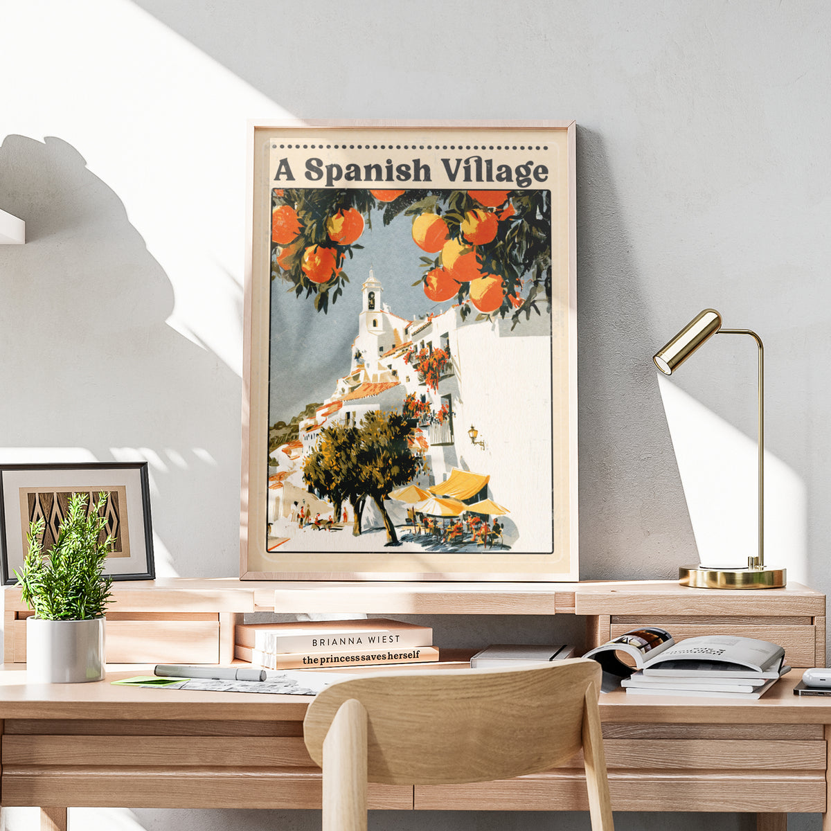 Spanish Village Vintage Travel Poster, Mediterranean Wall Art, Orange Tree Print