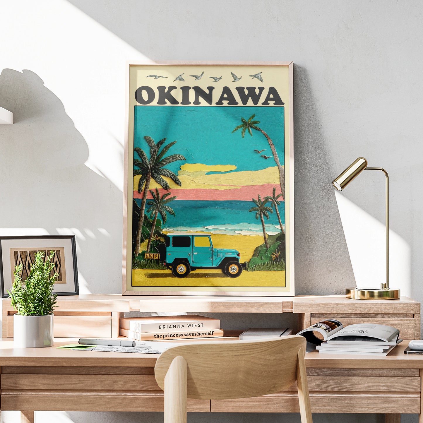 Okinawa Travel Poster, Japan Beach Print, Retro Jeep Wall Art, Vintage Tropical