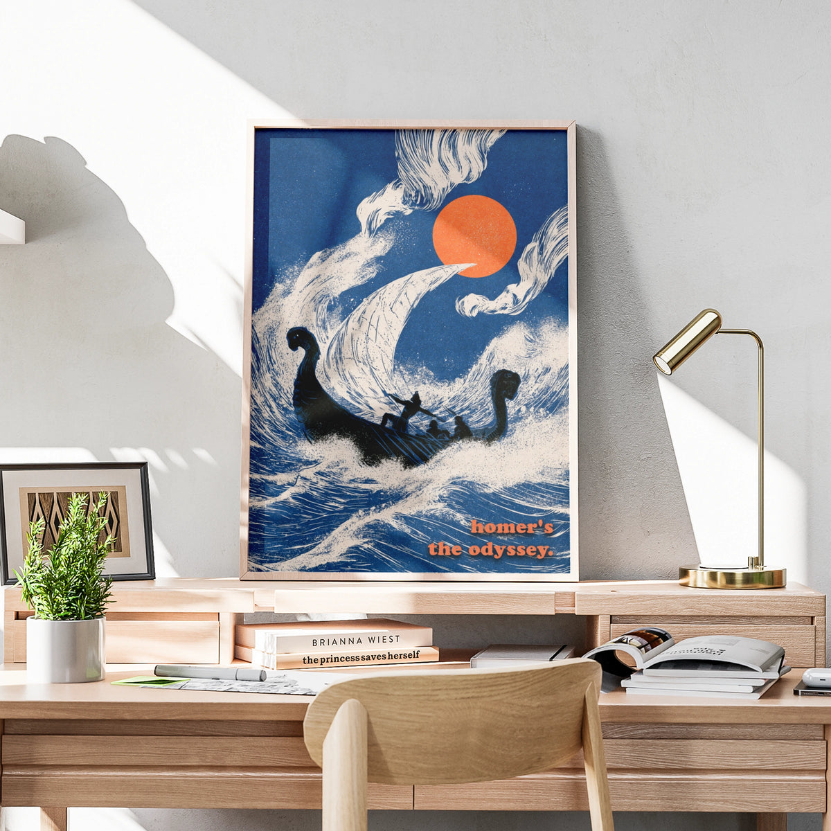 Homer's Odyssey Poster, Greek Mythology Wall Art, Ancient Greek Literature Print, Navy Blue Orange Decor