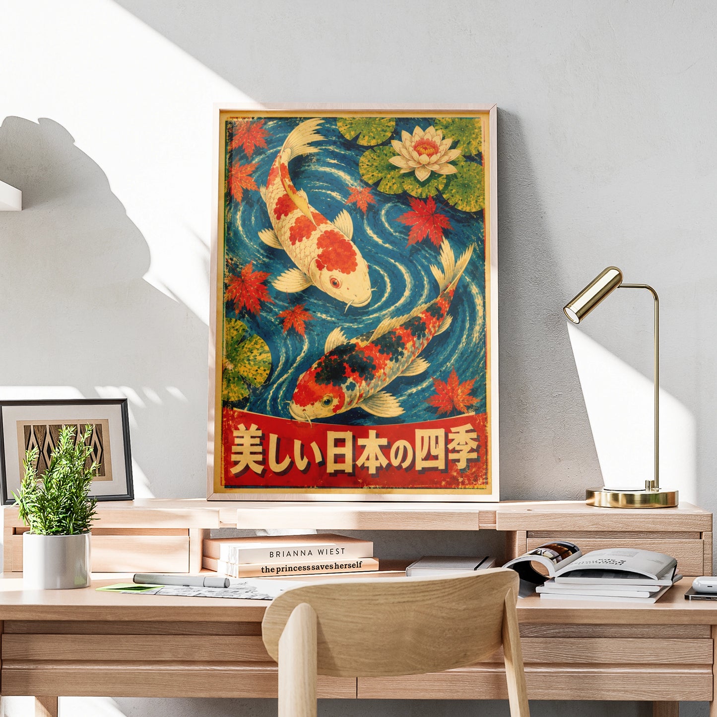 Vintage Japanese Koi Carp Poster, Four Seasons Wall Art, Lotus Maple Leaf Print