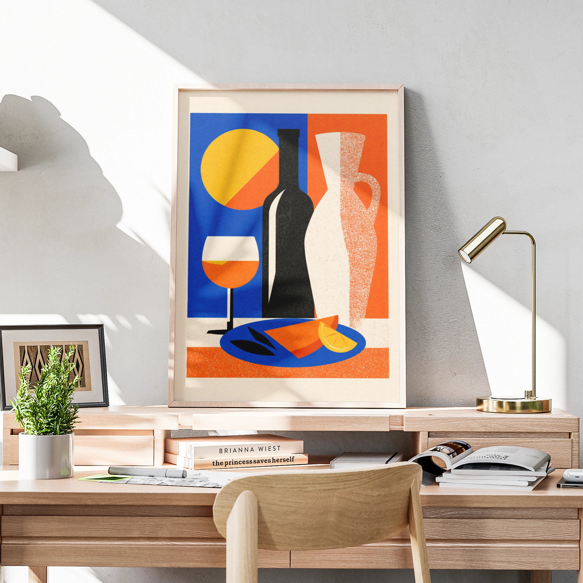 Mediterranean Still Life Poster, Wine Bottle Art Print, Bold Geometric Kitchen Wall Decor