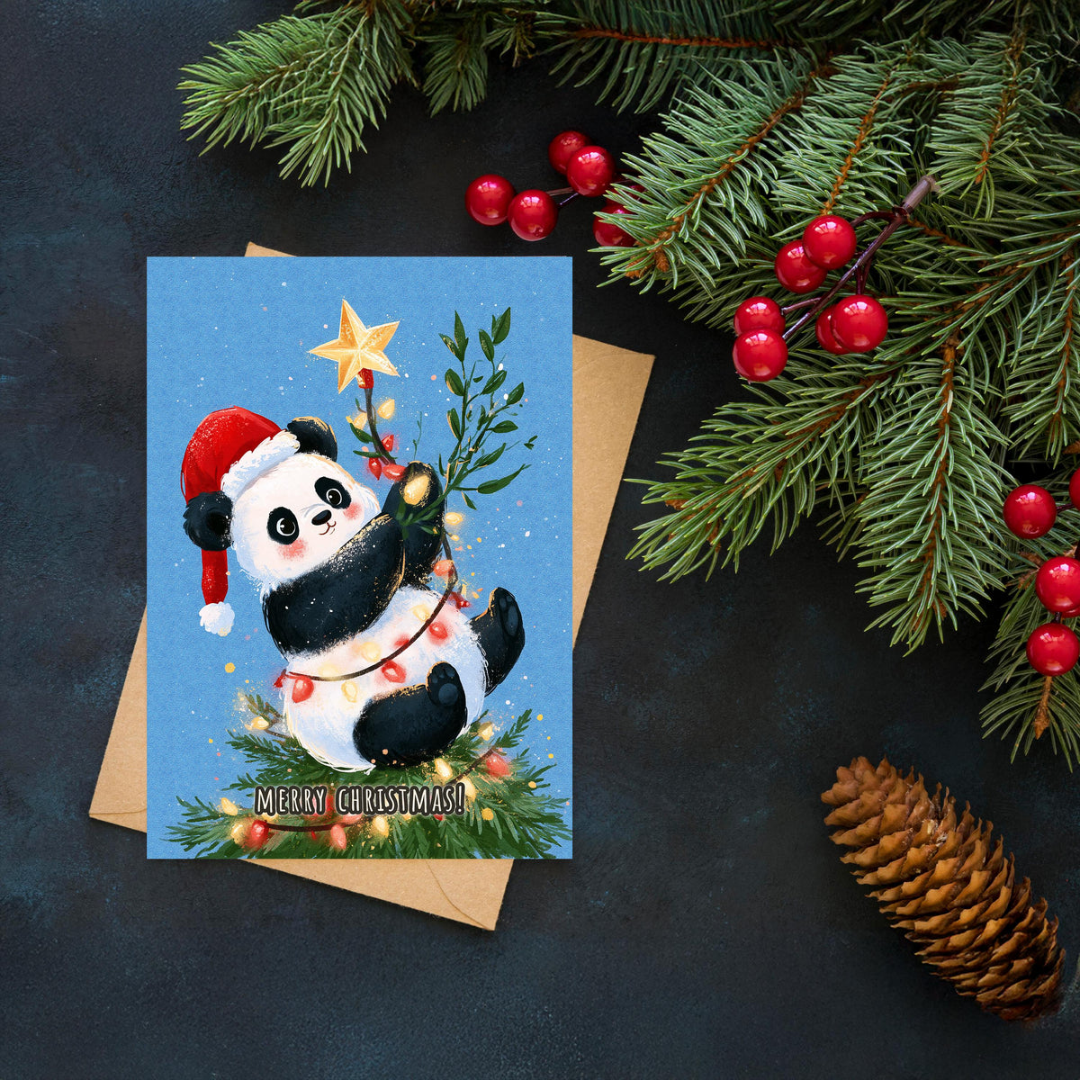 Panda Christmas Card, Cute Panda Xmas Card, Kawaii Christmas Card, Panda Holiday Greeting, Cute Animal Christmas Gift