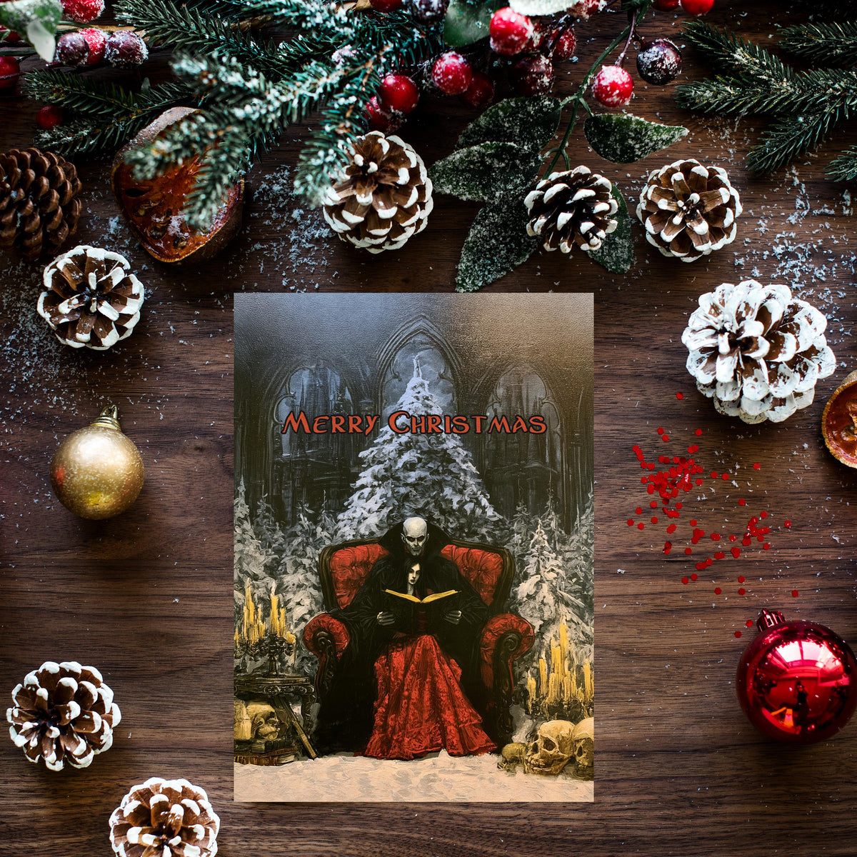 Gothic Vampire Christmas Card, Dark Romantic Holiday Card, Victorian Christmas, Vampire Couple Art, Gothic Christmas Decor