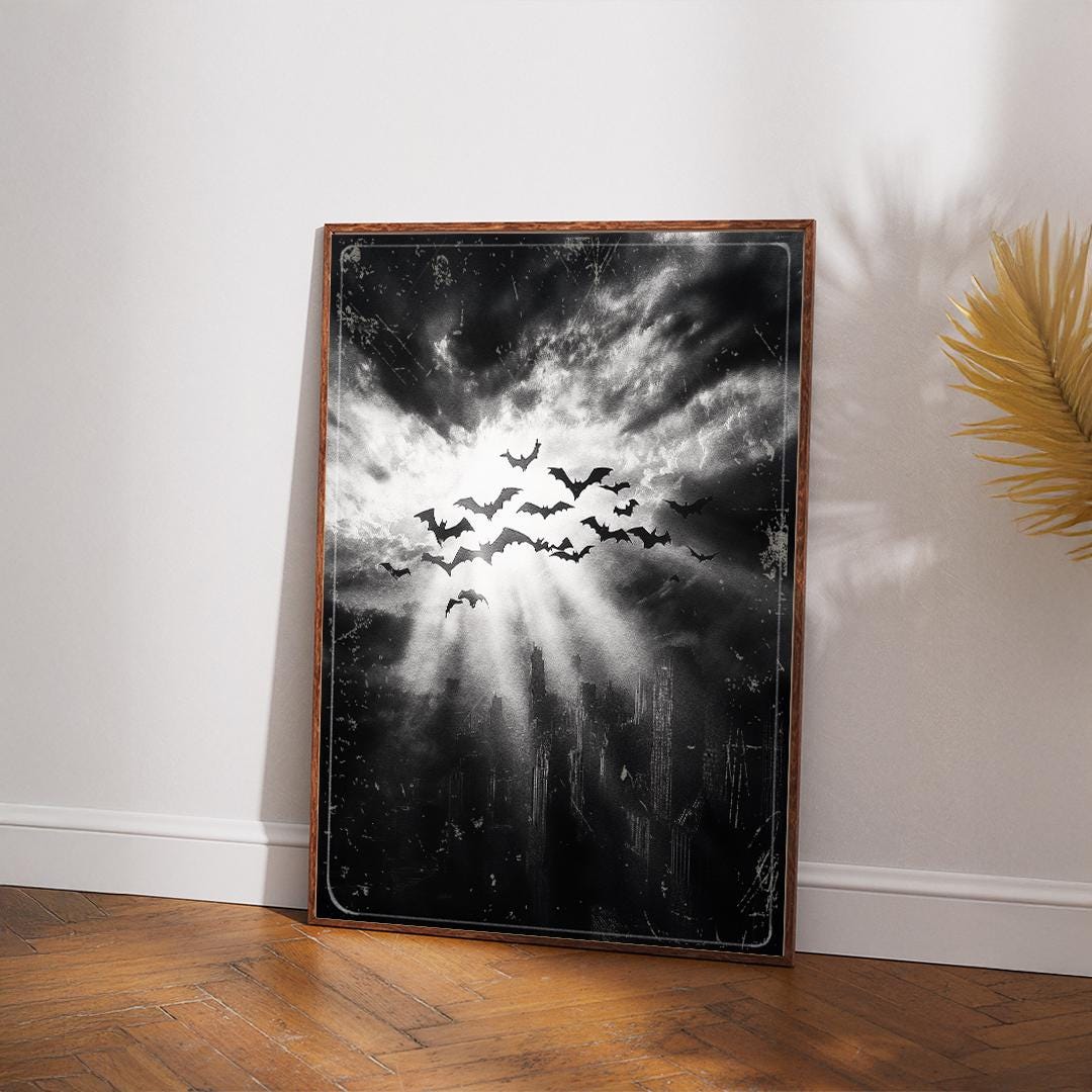 Dark Gothic City Poster: Noir Superhero, Bats Art Print