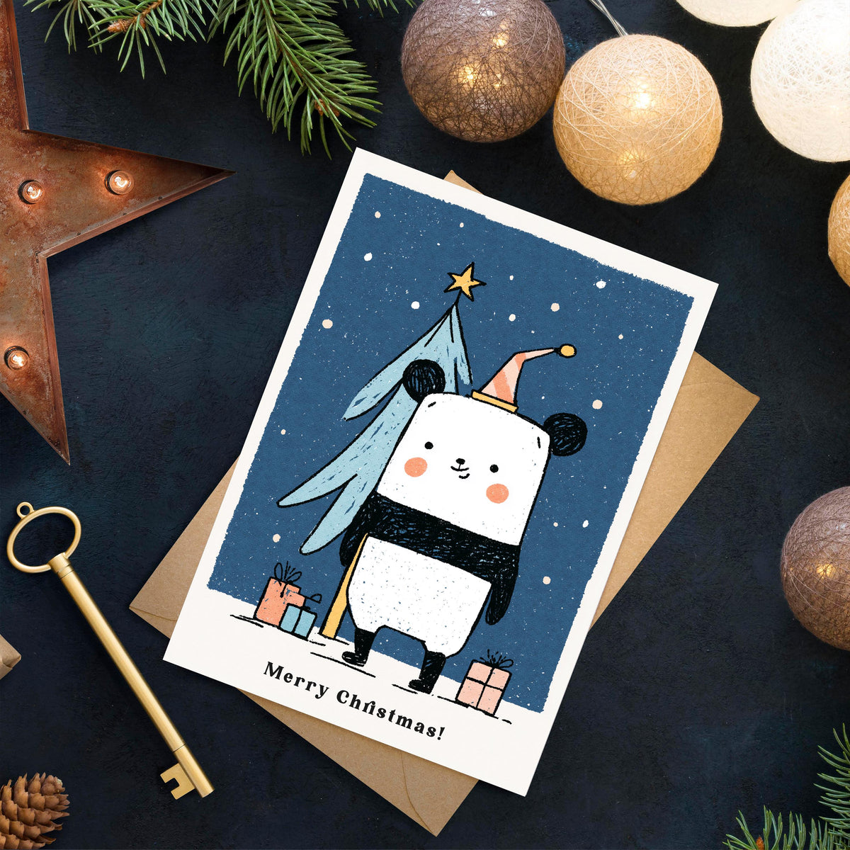 Panda Christmas Card, Cute Panda Xmas Card, Kawaii Christmas Card, Panda Holiday Greeting, Cute Animal Christmas Gift