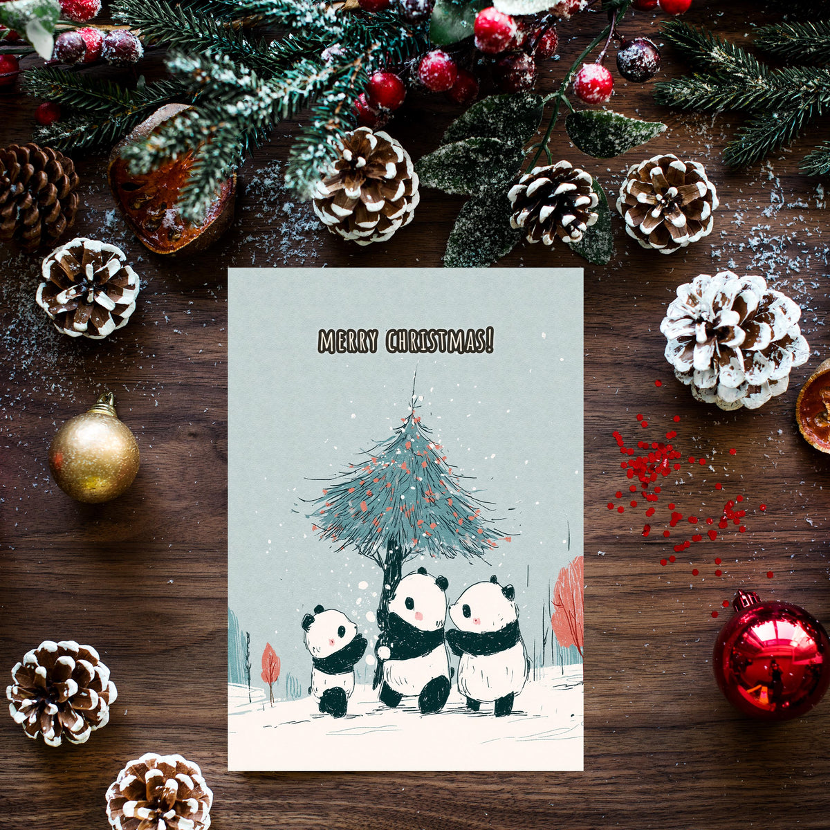 Panda Christmas Card, Cute Panda Xmas Card, Kawaii Christmas Card, Panda Holiday Greeting, Cute Animal Christmas Gift
