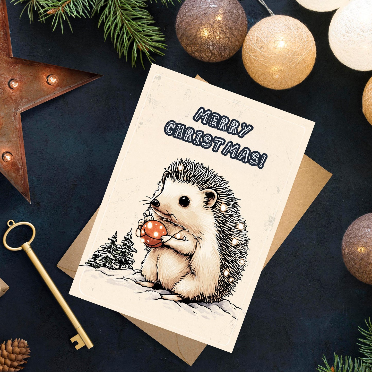 Funny Hedgehog Christmas Card | Cute Winter Holiday Greeting | Funny Xmas Card  | Japanese Art Style Holiday Greeting |