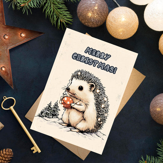 Funny Hedgehog Christmas Card | Cute Winter Holiday Greeting | Funny Xmas Card  | Japanese Art Style Holiday Greeting |