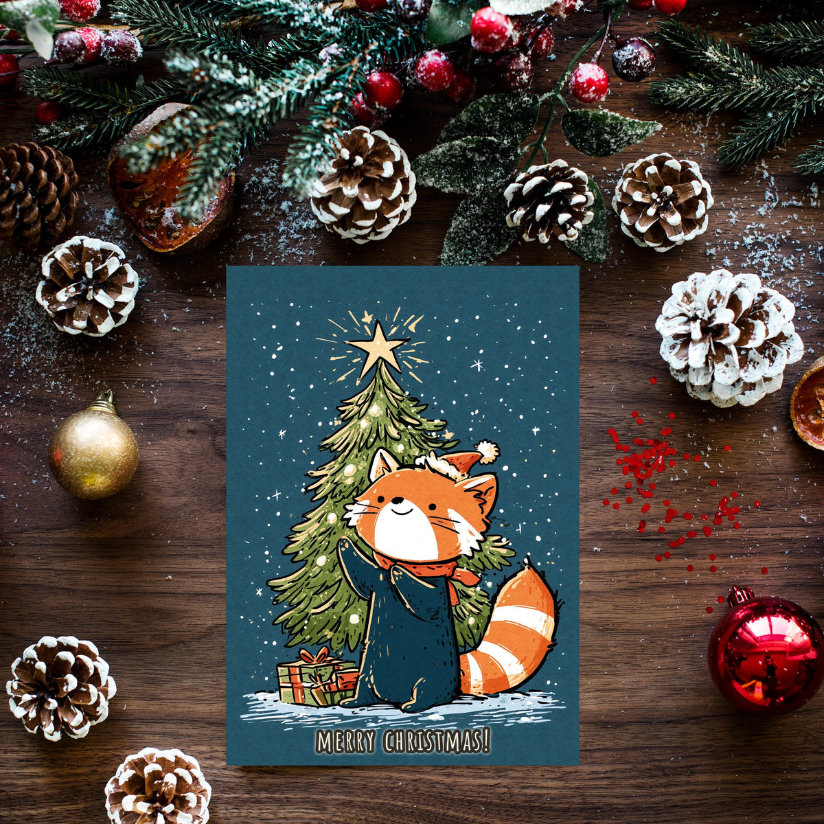 Red Panda Christmas Card, Cute Red Panda Xmas Card, Kawaii Animal Card, Woodland Christmas Card, Red Panda Gift, Winter Holiday Card