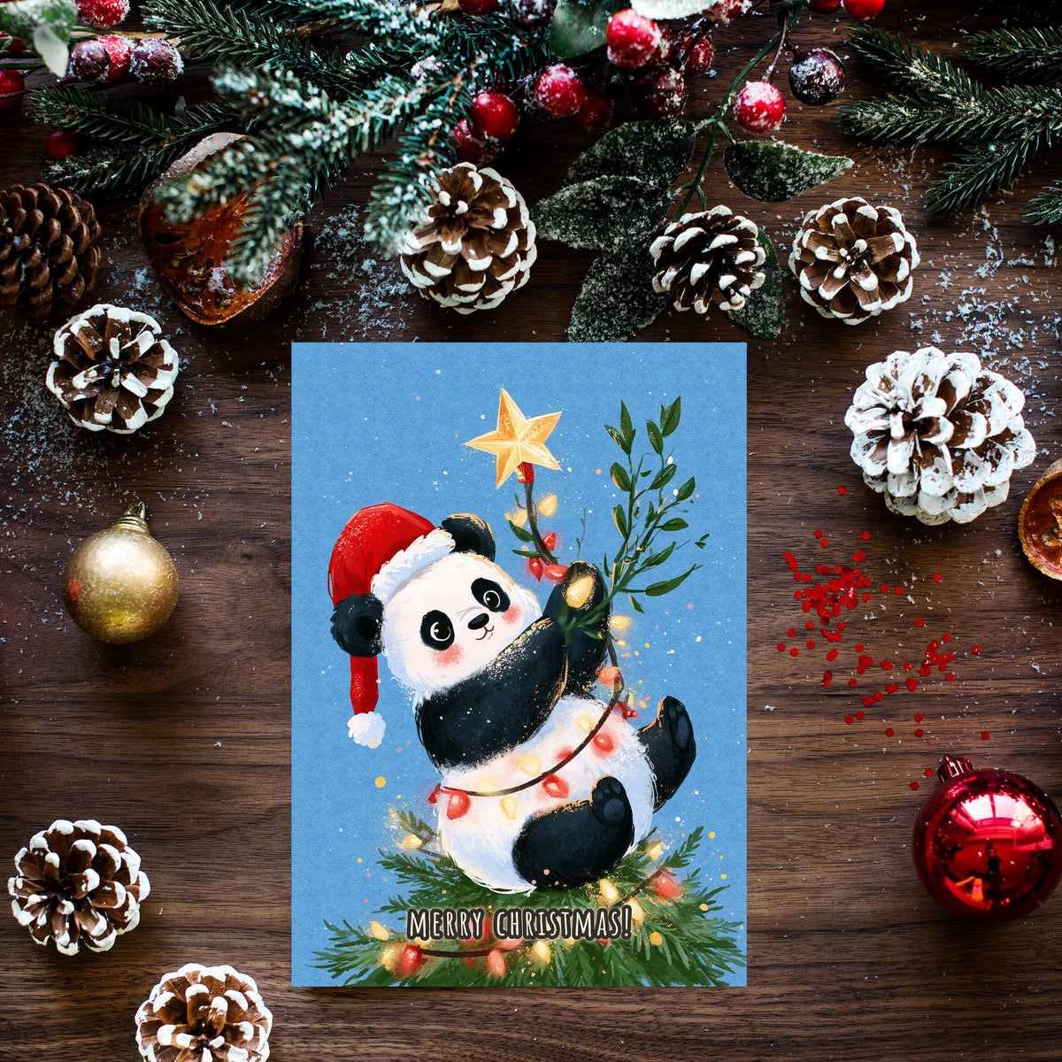 Panda Christmas Card, Cute Panda Xmas Card, Kawaii Christmas Card, Panda Holiday Greeting, Cute Animal Christmas Gift