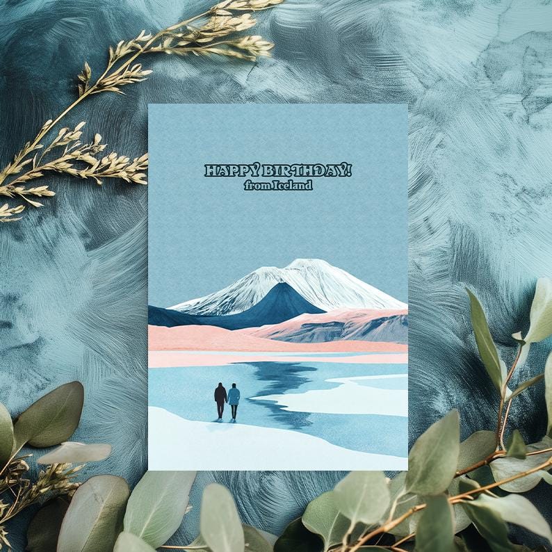 Iceland Birthday Card: Puffin & Northern Lights - Travel Greeting Card