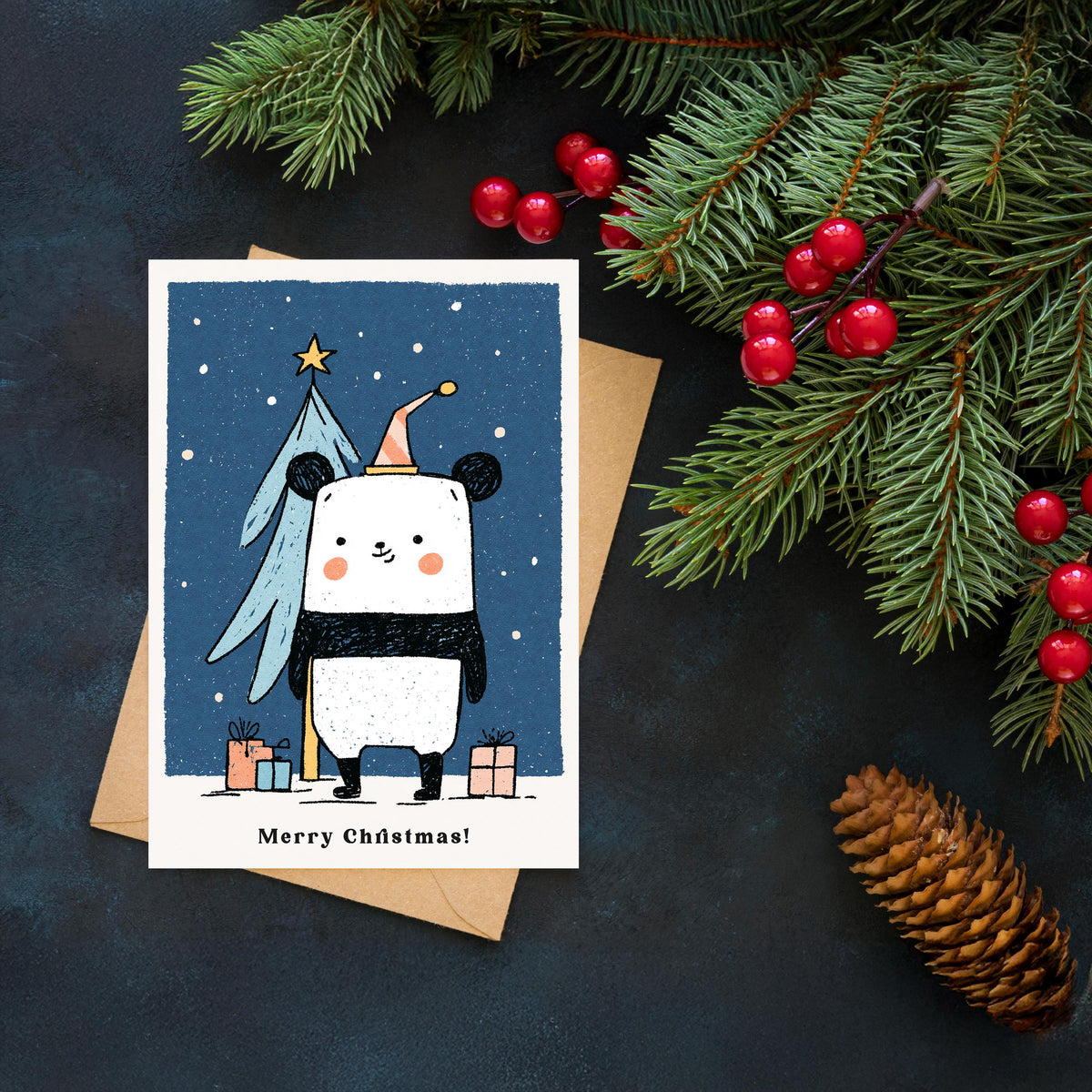 Panda Christmas Card, Cute Panda Xmas Card, Kawaii Christmas Card, Panda Holiday Greeting, Cute Animal Christmas Gift