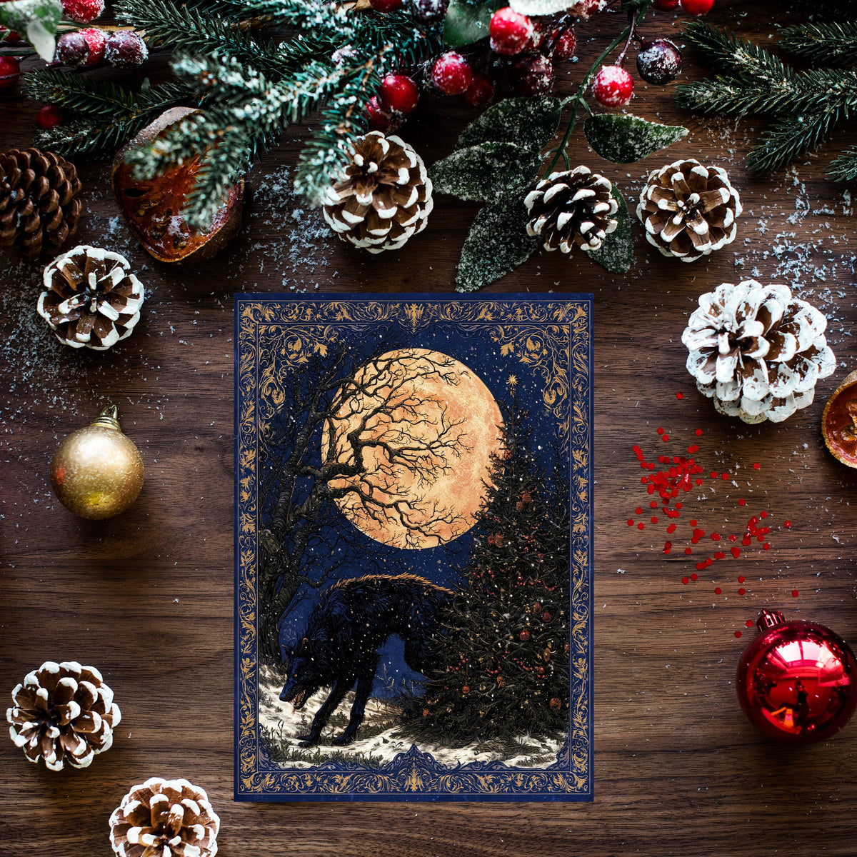 Wolf Christmas Card, Gothic Wolf Art, Winter Wolf Christmas, Dark Christmas Decor, Moonlit Wolf Art, Woodland Holiday Gift