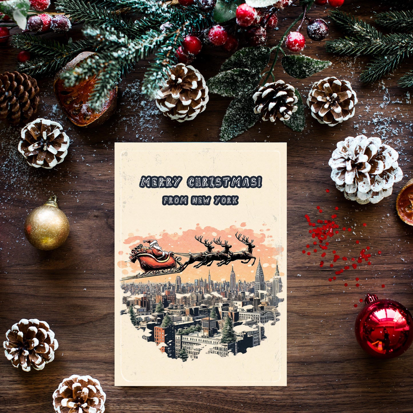 Santa Over New York Christmas Card • Holiday Greeting