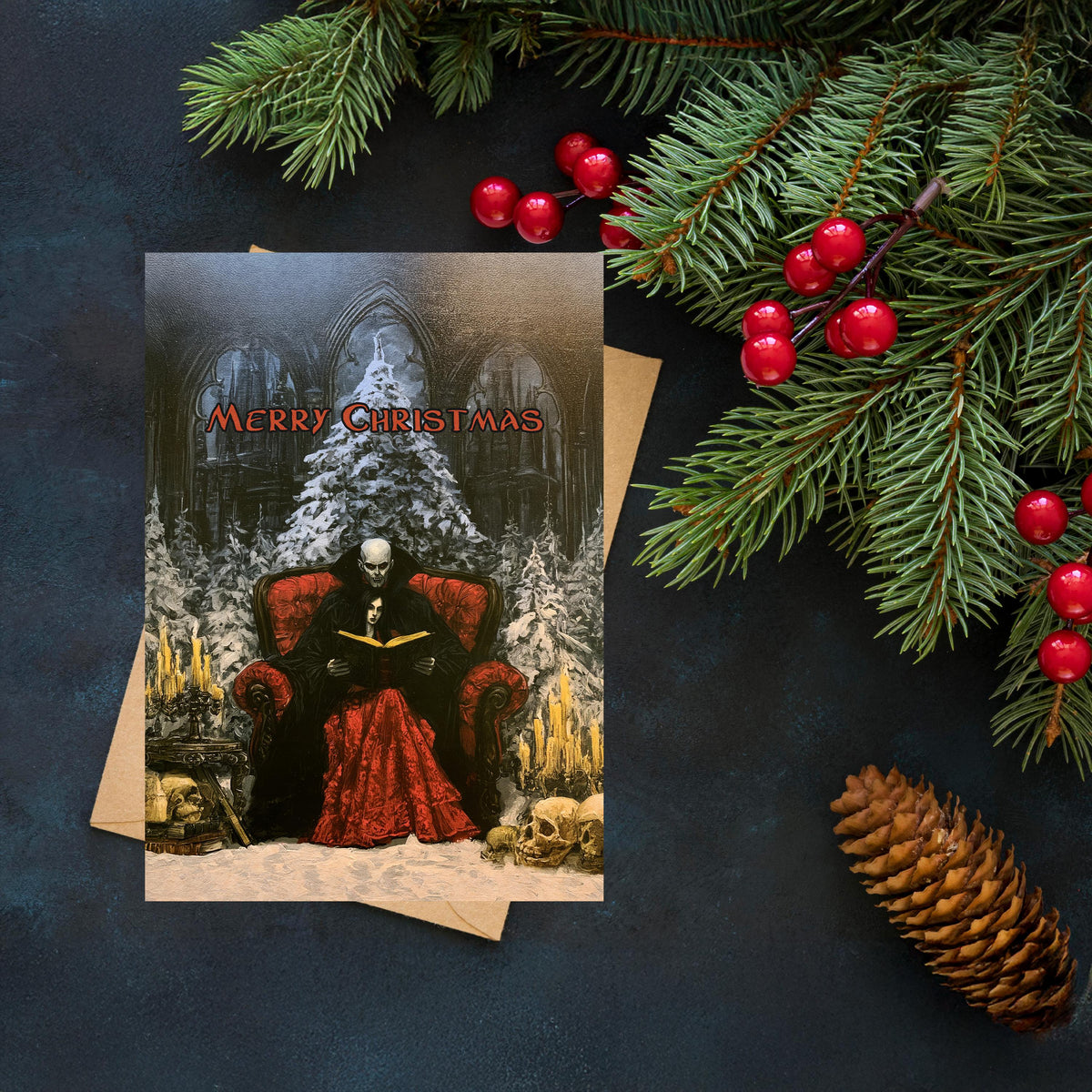 Gothic Vampire Christmas Card, Dark Romantic Holiday Card, Victorian Christmas, Vampire Couple Art, Gothic Christmas Decor