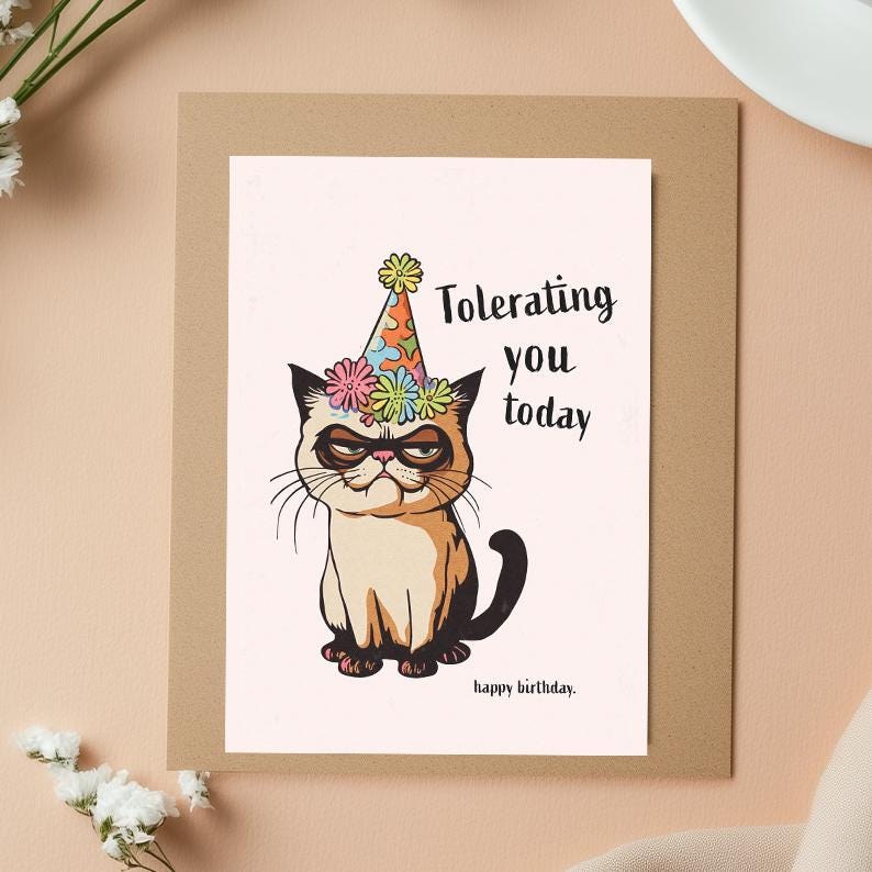 Funny Cat Birthday Card: Sarcastic "Tolerating You Today" Animal Pun