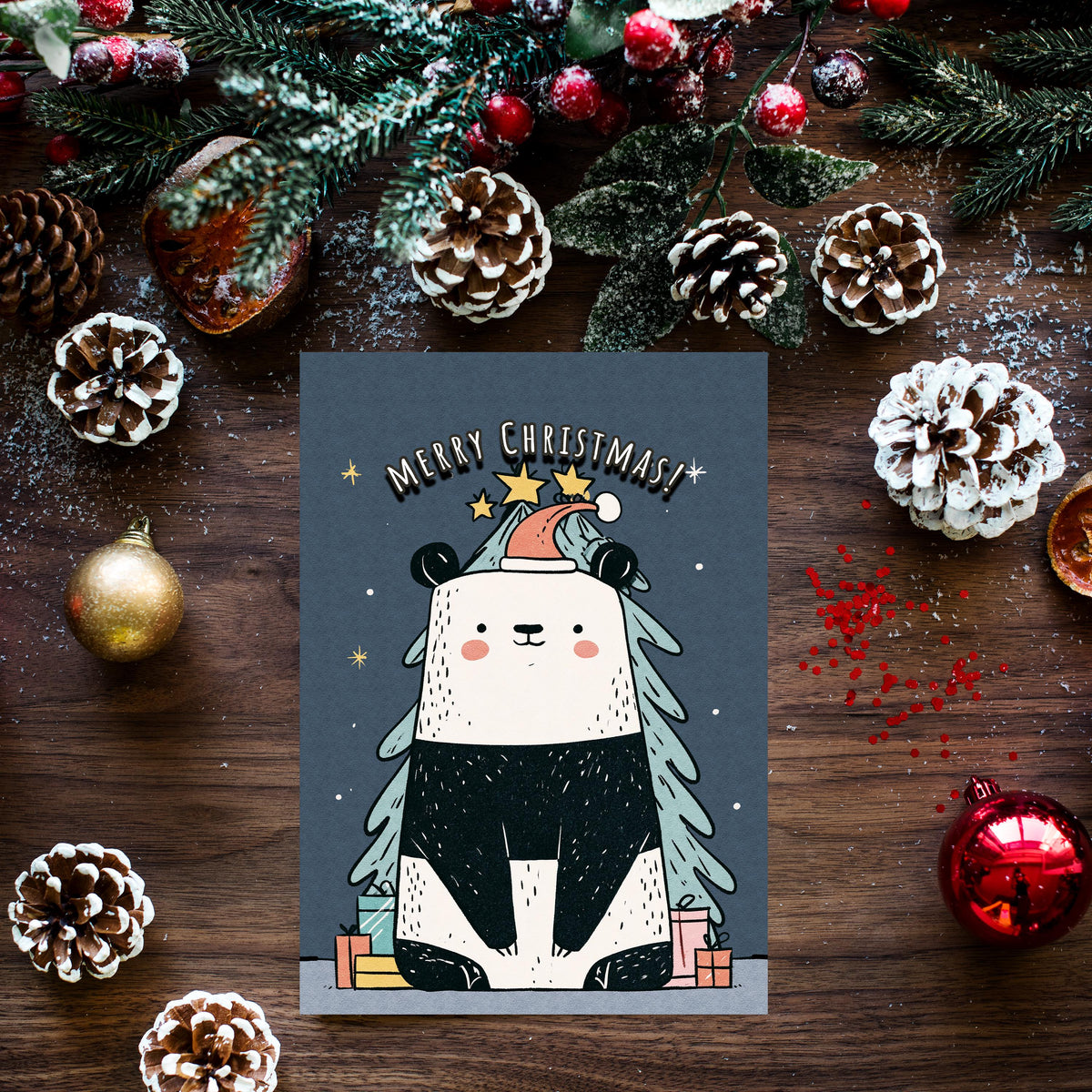 Panda Christmas Card, Cute Panda Xmas Card, Kawaii Christmas Card, Panda Holiday Greeting, Cute Animal Christmas Gift