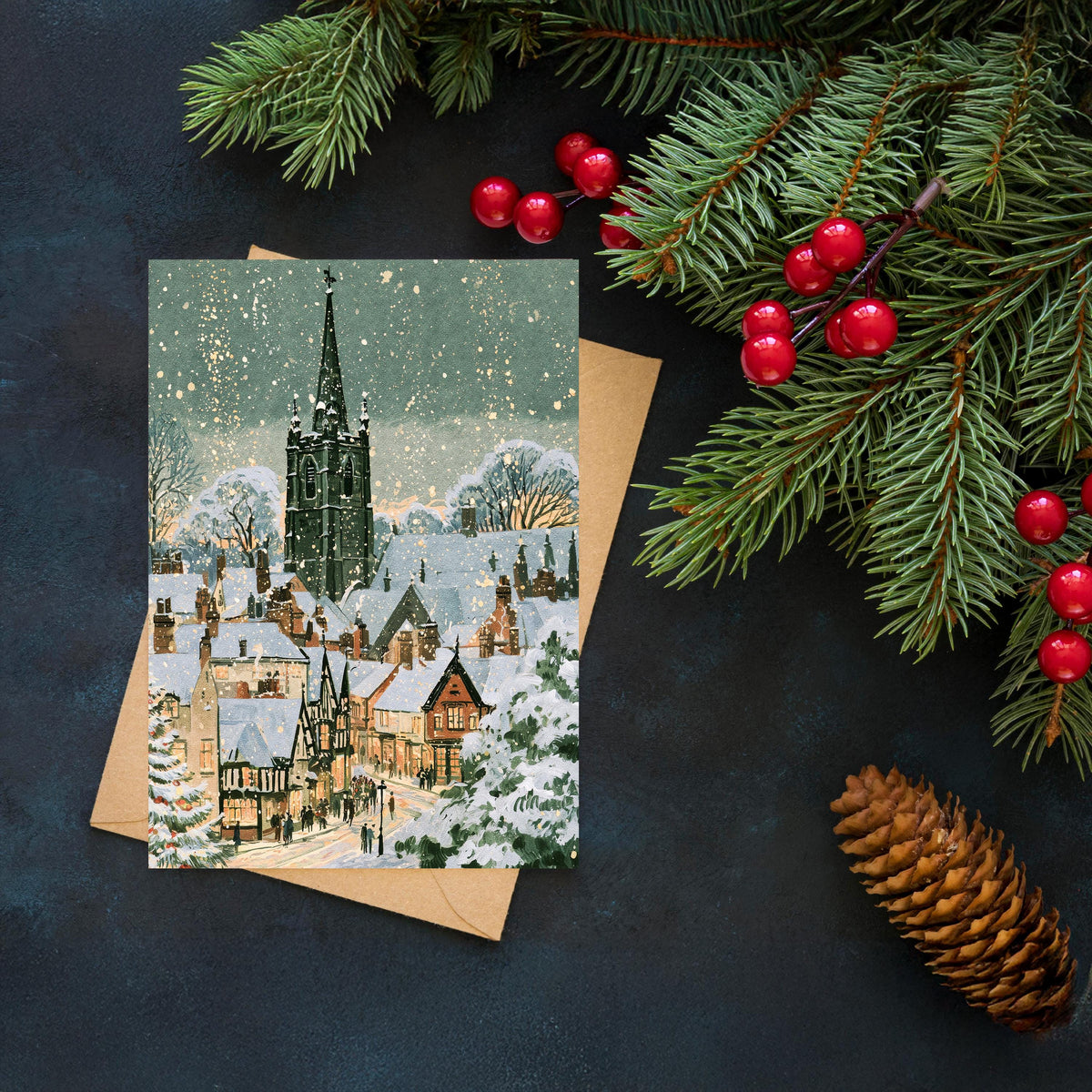 Vintage Winter Village Christmas Card, Snowy Christmas Town Greeting Card, Traditional Holiday Card, Cozy Winter Scene, Christmas Card