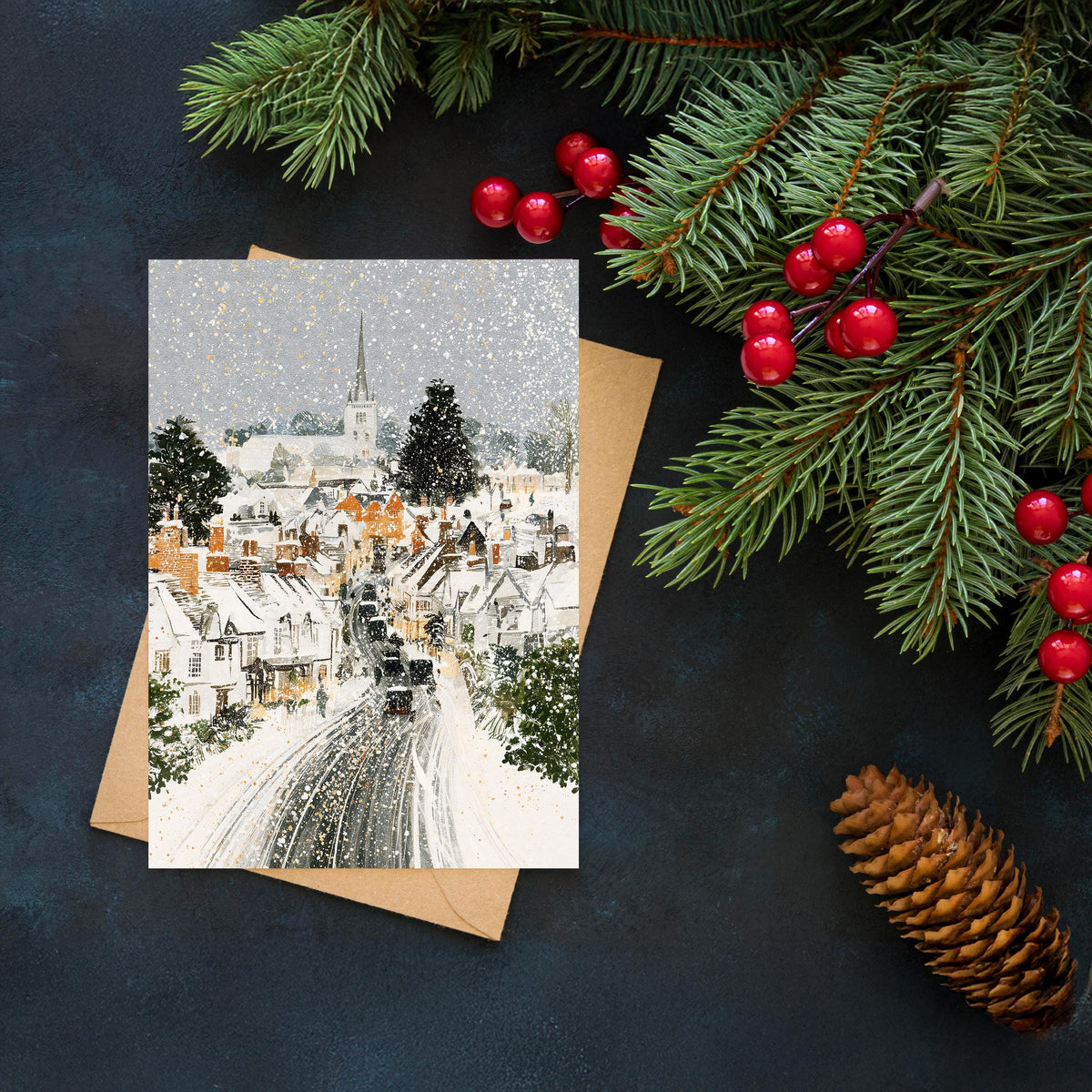 Vintage Winter Village Christmas Card, Snowy Christmas Town Greeting Card, Traditional Holiday Card, Cozy Winter Scene, Christmas Card