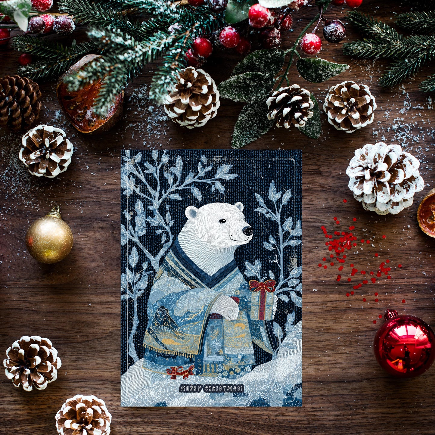 Polar Bear Christmas Card | Cute Winter Holiday Greeting | Funny Xmas Card  | Japanese Art Style Holiday Greeting |