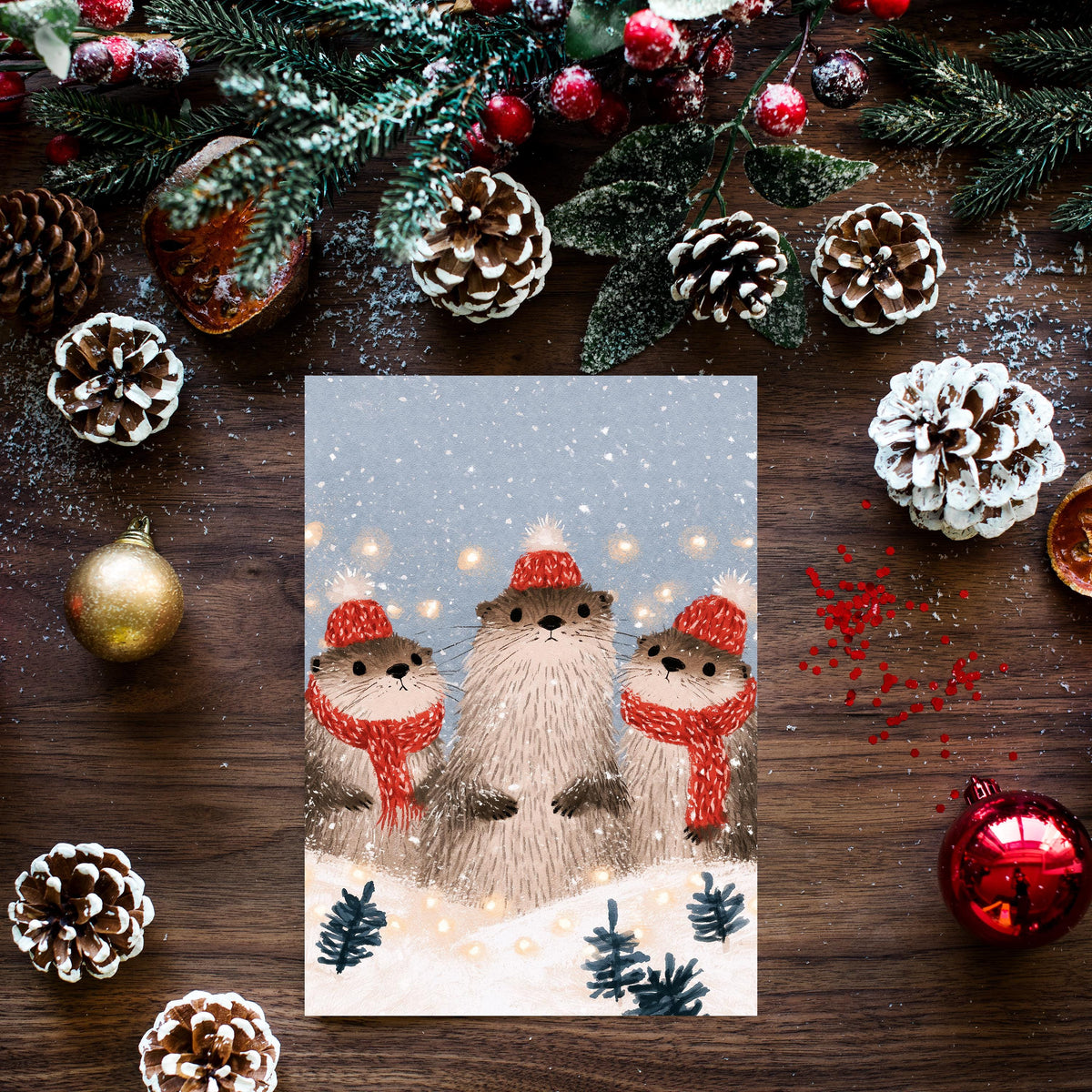 Otter Christmas Card, Cute Otter Family Christmas, Woodland Animal Card, Christmas Otter Greeting Card, Winter Wildlife Gift, Otter Lover