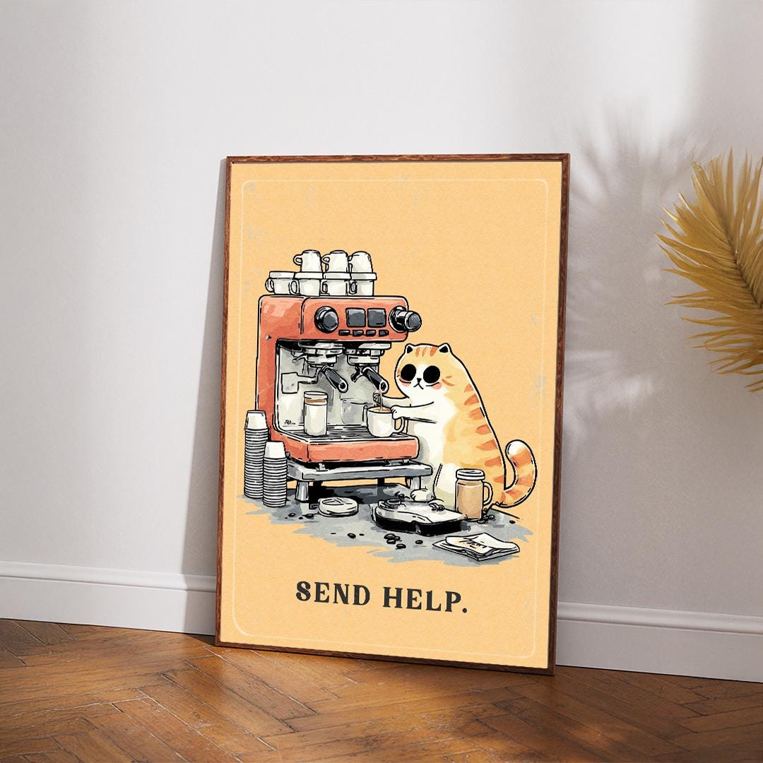 Funny Barista Cat Poster | "Send Help" Coffee Art Print